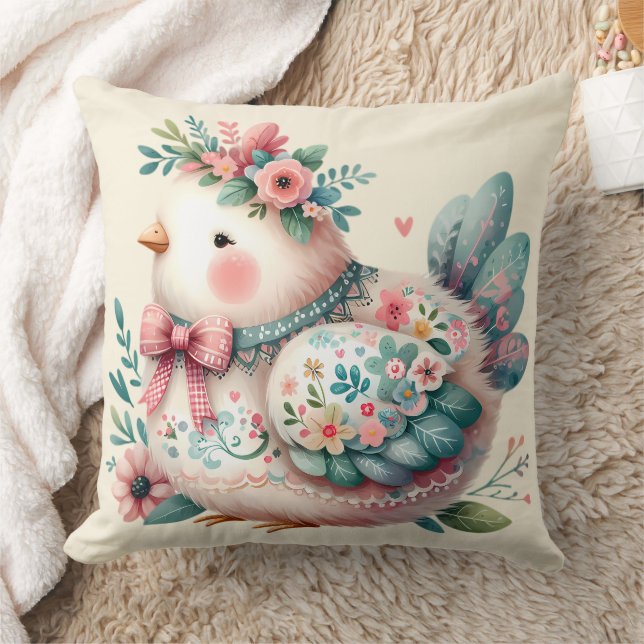 Blommigt Folk Bird med Pastel Boho Charm Kudde (Filt)