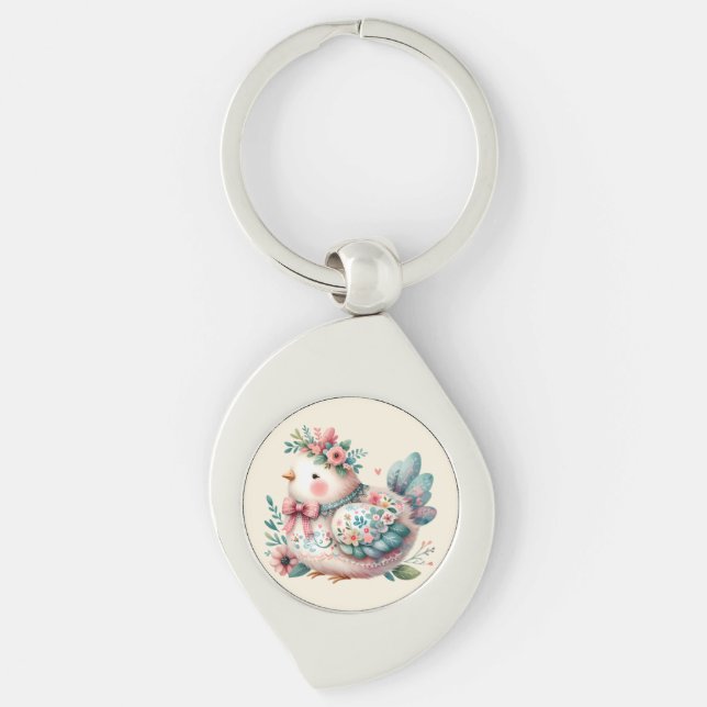 Blommigt Folk Bird med Pastel Boho Charm Swirl Silverfärgad Nyckelring (Framsidan)