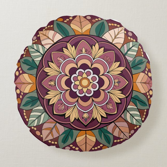 Blommigt Folk Mandala Rund Kudde (Framsidan)