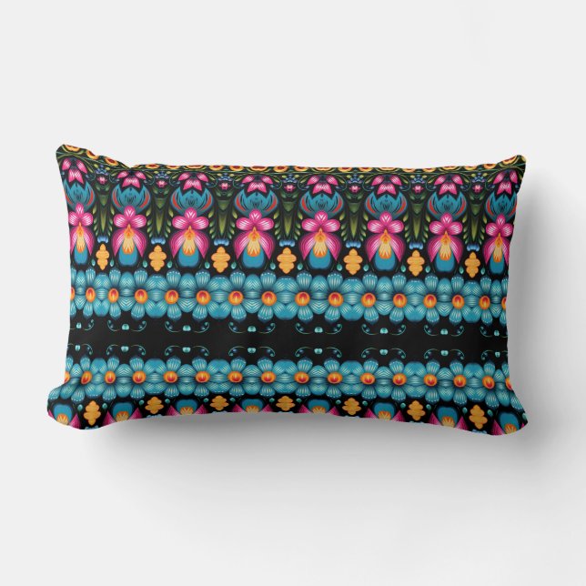 Blommigt FolkArt Modern Lumbarkudde (Framsida)