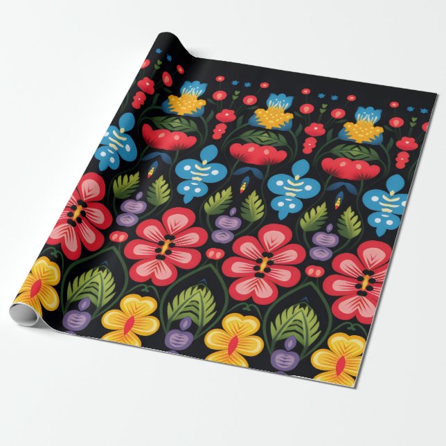 Blommigt FolkArt Modern Presentpapper (Utrullad)