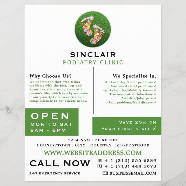 Blommigt Footprint, Podiatry Clinic, Podiatrist Reklamblad (Framsidan)