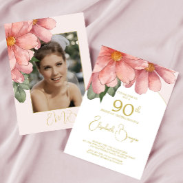 Blommigt för 90:e födelsedag FotoRosa Elegant  föd Inbjudningar