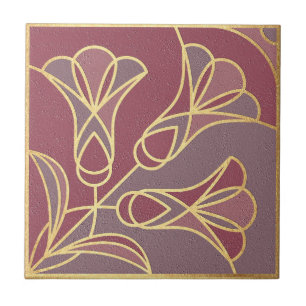 Blommigt för Art Deco-panelen. Mauve och Guld Kakelplatta