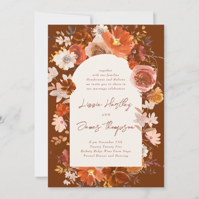 Blommigt för  av Cream-bränd Orange Vattenfärgsbåg Inbjudningar (Framsida)