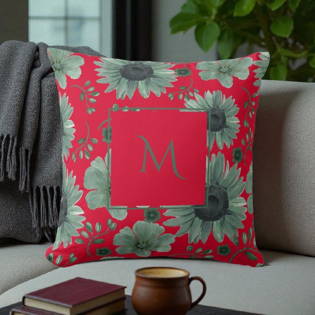 Blommigt för  av färgen Red Grönt Watercolor Kudde (Skapare uppladdad)