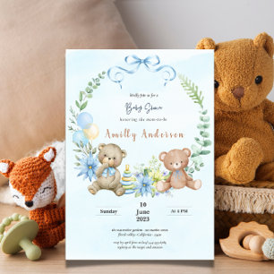 Blommigt för babydusch för nalle av twillingar inbjudningar