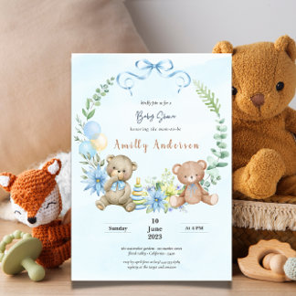 Blommigt för babydusch för nalle av twillingar inbjudningar