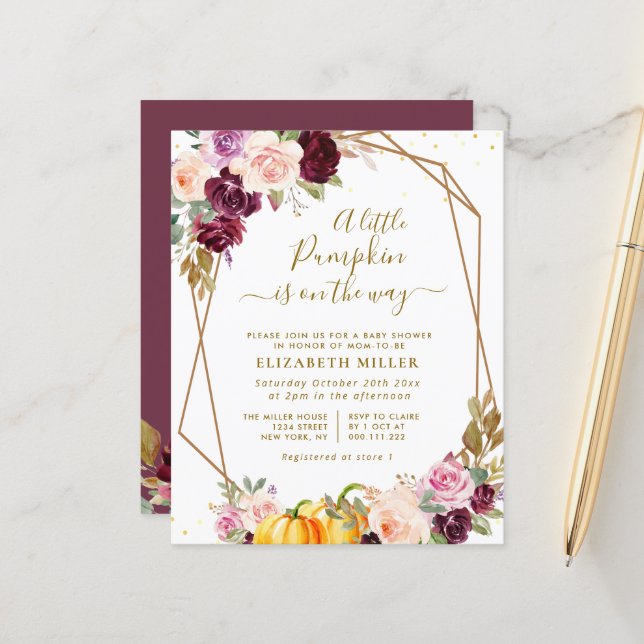 blommigt för babydusch för små pumpabär inbjudan (Fram/Back In Situ)