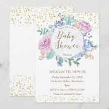 blommigt för babyduschinbjudan till guld glitter