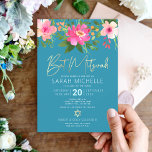Blommigt för bat mitzvah blåfärgsfärg, Guld Inbjudningar<br><div class="desc">Var stolt, gladd och visa den här milstolpen till din favoritBat mitzvah med den här sofistikerade inbjudan till personligen! En vattenfärg för chic, bedövning, rosa och persikofärgad blommigt med faux guld-folie, typografi och modern vit sans serif-typ täcker över en dammig turkos tealblått bakgrund. Anpassa anpassningsbarna med information om namn, datum...</div>