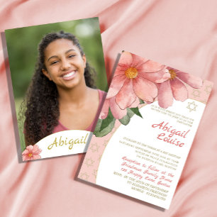 Blommigt för bat mitzvah Rosa Guld Elegant Foto Inbjudningar