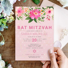 Blommigt för bat mitzvah Rosa - vattenfärg Modern  Inbjudningar