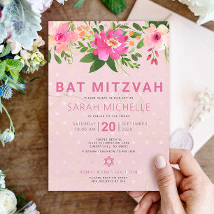 Blommigt för bat mitzvah Rosa - vattenfärg Modern  Inbjudningar