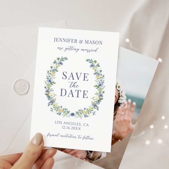 Blommigt för blå gult Spara fotoinbjudan för datum Inbjudningar (Skapare uppladdad)