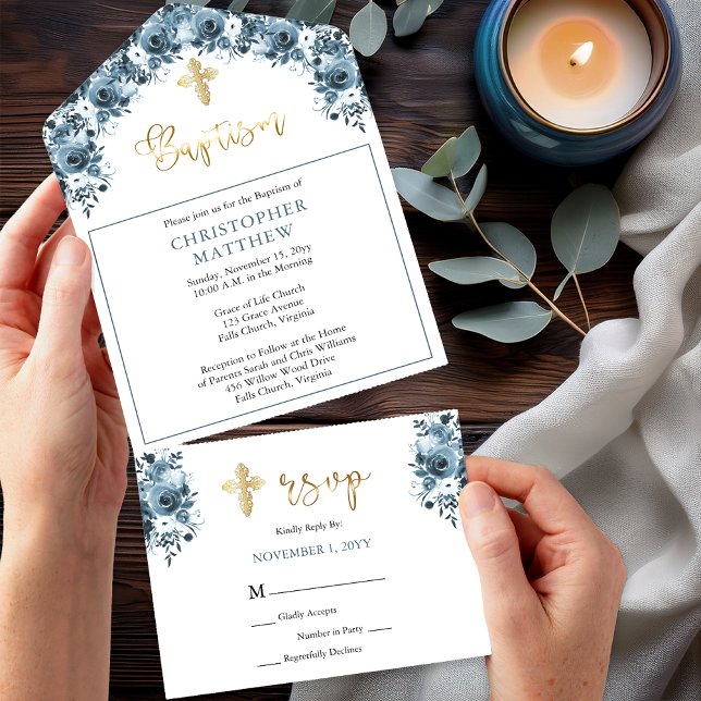 Blommigt för blå vattenfärg | Faux Guld Boy Baptis (Elegant Blue Watercolor Floral Faux Gold Accents Boy Baptism Invitation - All in One with RSVP)