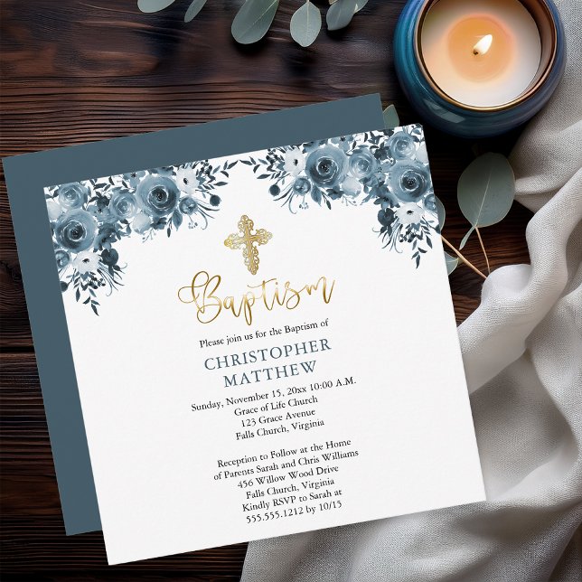 Blommigt för blå vattenfärg | Faux Guld Boy Baptis Inbjudningar (Elegant Blue Watercolor Floral Faux Gold Accents Boy Baptism Invitation - Print | Digital Download)
