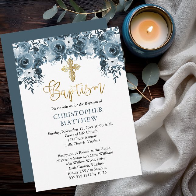Blommigt för blå vattenfärg | Faux Guld Boy Baptis Inbjudningar (Elegant Blue Watercolor Floral Faux Gold Accents Boy Baptism Invitation - Print | Digital Download)