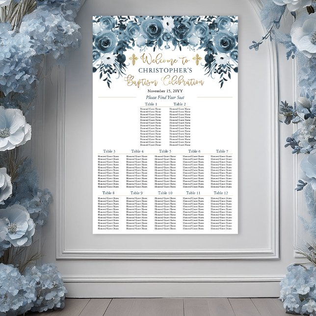 Blommigt för blå vattenfärg | Faux Guld Boy Baptis Poster (Blue Watercolor Floral Faux Gold Boy Baptism Poster Seating Chart)