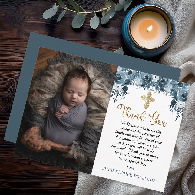 Blommigt för blå vattenfärg | Faux Guld Boy Baptis Tack Kort (Elegant Blue Watercolor Floral Faux Gold Accents Boy Baptism Photo Thank You Flat Card)