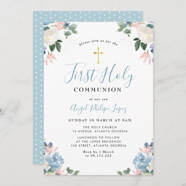 blommigt för blå vattenfärg första heligan, komman inbjudningar (Fram/baksida)