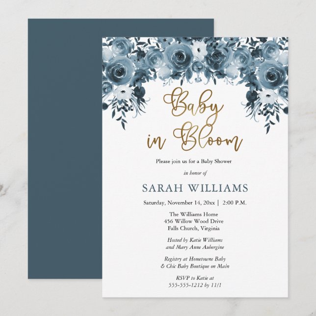 Blommigt för blå vattenfärg | Guld Baby i Bloom Sh Inbjudningar (Fram/baksida)