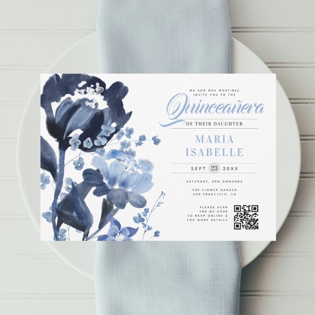 Blommigt för blå vattenfärg QR-kod Quinceañera Inbjudningar (Watercolor Blue Wildflowers Quinceanera Birthday Invitation QR Code RSVP)