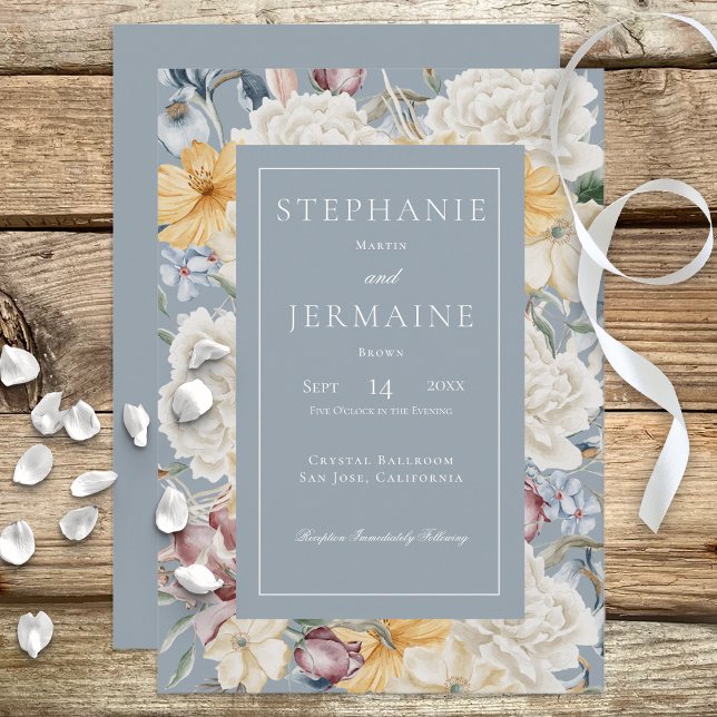 Blommigt för blått och vitt gult vid blåinbjudan inbjudningar (Skapare uppladdad)