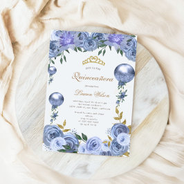 Blommigt för blått Royal - Quinceanera-fotoinbjuda Spara Datumet