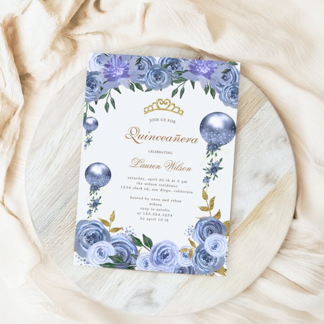 Blommigt för blått Royal - Quinceanera-fotoinbjuda Spara Datumet (Skapare uppladdad)