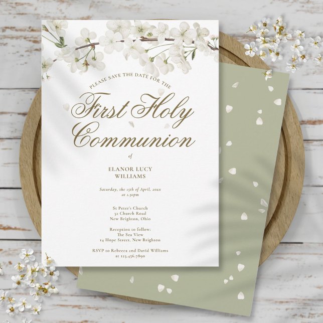 Blommigt för Blommar av den första Heligan av komm Spara Datumet (First Holy Communion Elegant White Blossom Floral Save The Date)