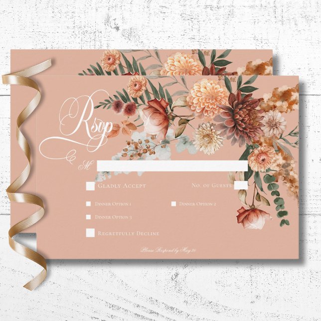  Blommigt för Boho Peach och Rust OSA Kort (Boho Peach & Rust Floral Peach Blush Dinner RSVP Card)