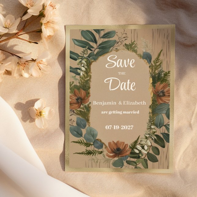 Blommigt för botaniskt skogsbruk Spara datum Inbjudningar (Botanical rustic woodland floral Save the Date)