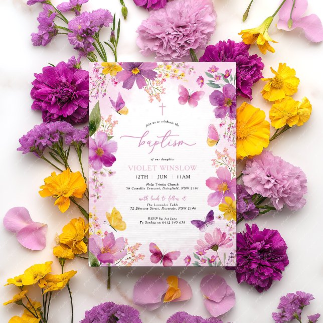 Blommigt för Bright Fuchsia Rosa Baptism Christeni Inbjudningar (Purple Yellow Baptism Invitation )