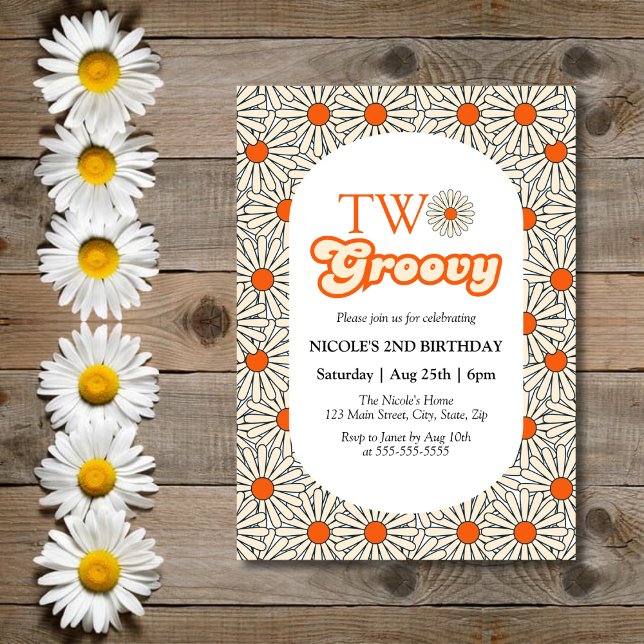 Blommigt för Bright Orange Daisy Groovy 2:a födels Inbjudningar (Skapare uppladdad)
