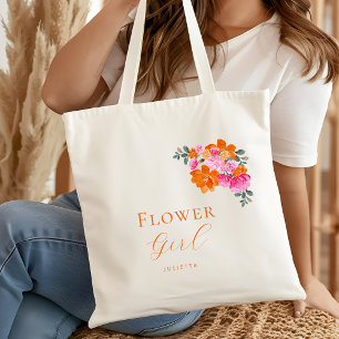 Blommigt för Bright Rosa Orange Flower Girl Namn B Tygkasse