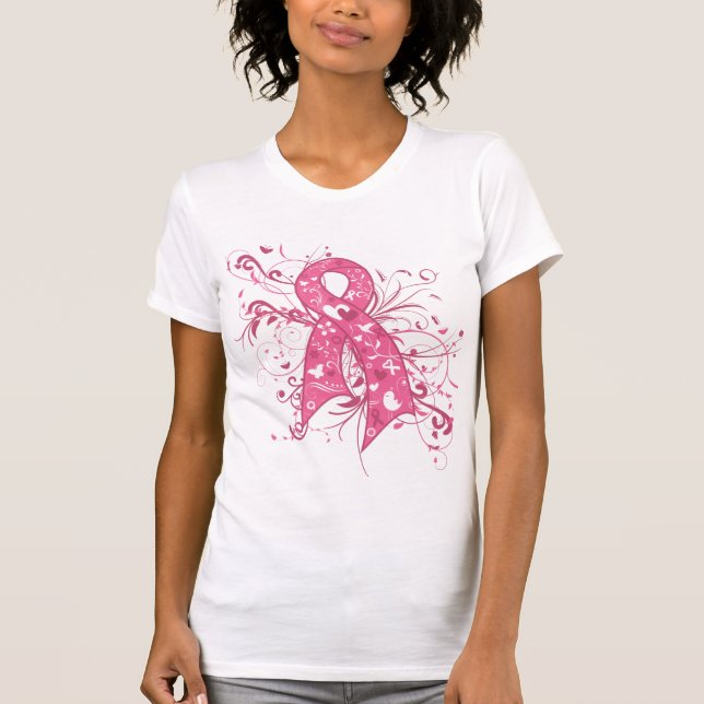 Blommigt för bröstcancer Rosa Ribbon Swirl  T Shirt (Framsida)