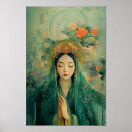 Blommigt för buddistisk guddess Quan Yin-Grönt Poster