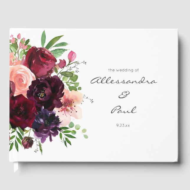 Blommigt för Burgundy &  Rosa Gästböcker (Framsida)