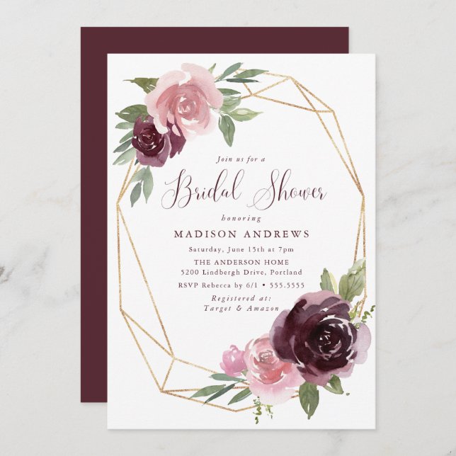 Blommigt för Burgundy &  Rosa | Möhippa Inbjudningar (Fram/baksida)