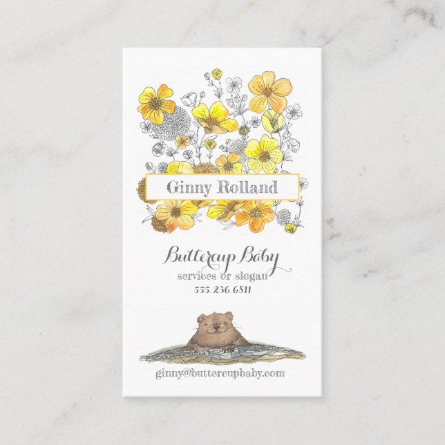 Blommigt för Buttercups och Adsible Groundhog Gult Visitkort (Framsida)