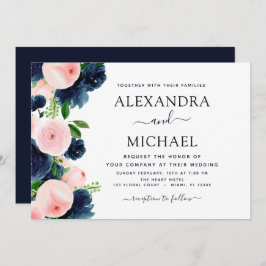 Blommigt för den  Eleganten för bröllop-marinblått Inbjudningar