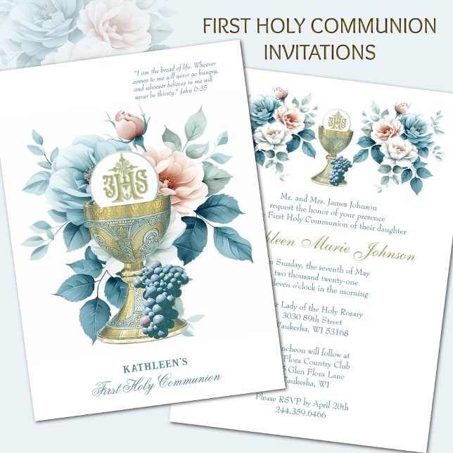 Blommigt för den katolska Heligan Communion Elegan Inbjudningar (Skapare uppladdad)