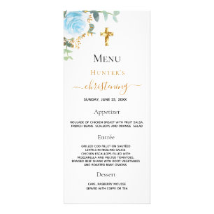 Blommigt för den ljusblå pojken Christening Menu Reklamkort