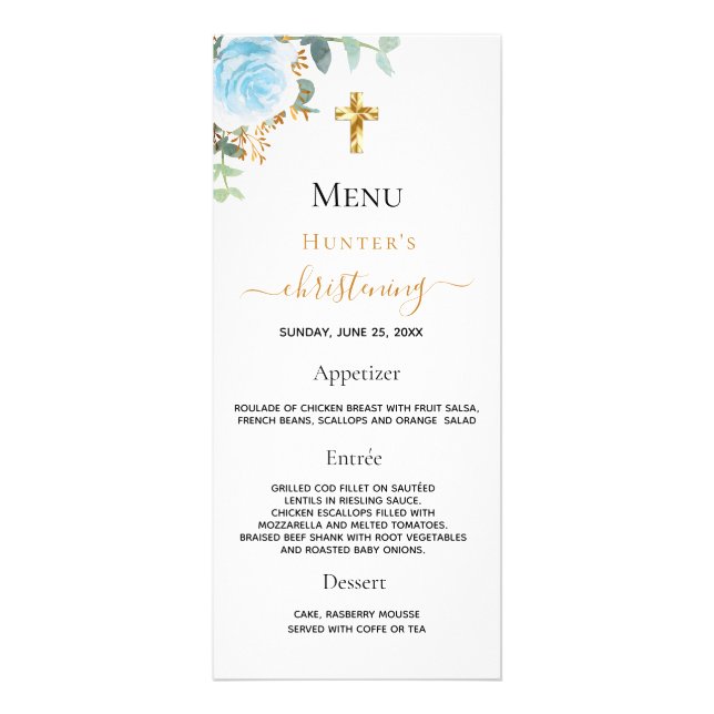 Blommigt för den ljusblå pojken Christening Menu Reklamkort (Framsidan)