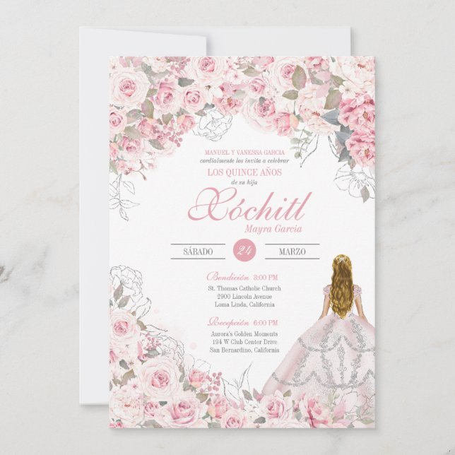 Blommigt för Elegant av  Rosa Blommar Quinceanera Inbjudningar (Framsida)