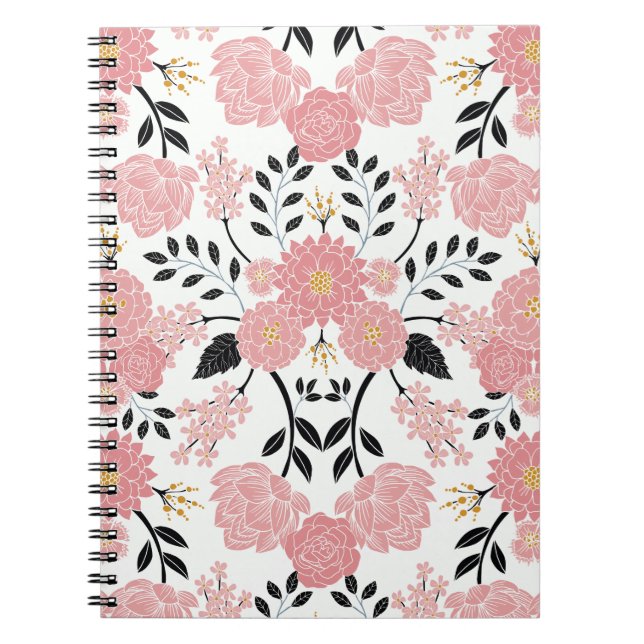 Blommigt för Elegant av rosa, vit, svart, blå och  Anteckningsbok (Framsidan)