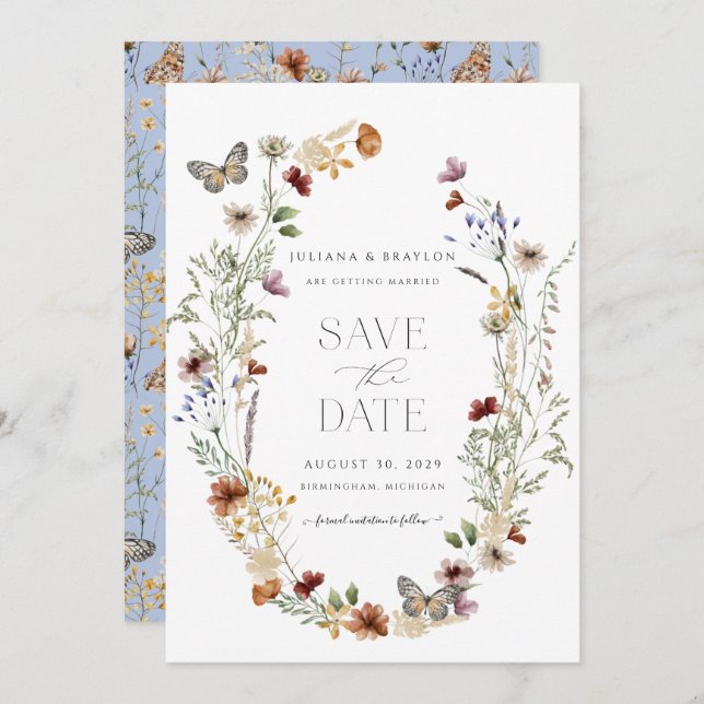 Blommigt för Elegant av Wildblommor Butterfly Spara Datumet (Fram/baksida)