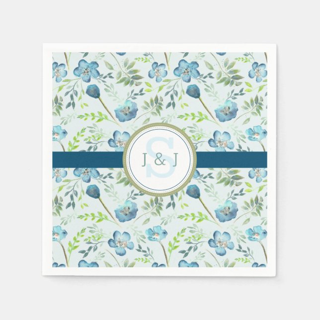 Blommigt för elegant Boho Blue Grönt Watercolor Pappersservett (Framsidan)