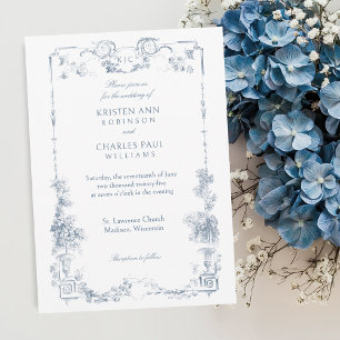 Blommigt för elegant Klassisk, blå Fransk Inbjudningar
